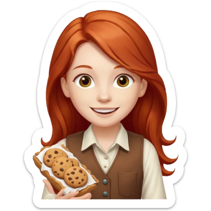 white girl scout with red long hair selling cookies with a brown vest and white shirt under vest. She should be around 10 years old sticker