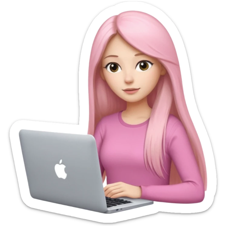 Mujer lacia peli larga y peli larga  en una MacBook rosa investigando y haciendo tareas con un libro de apuntes y con cara muy linda como modelo sticker