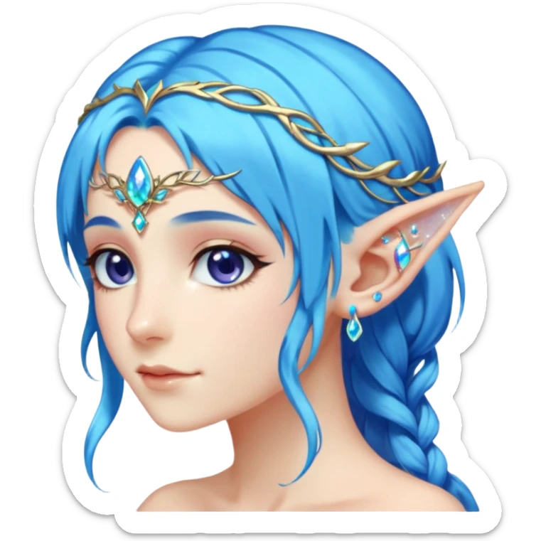 portrait of blue haired Elvish fae shiny sparkly iridescent translucent diaphanous ear climber ear cuff sticker
