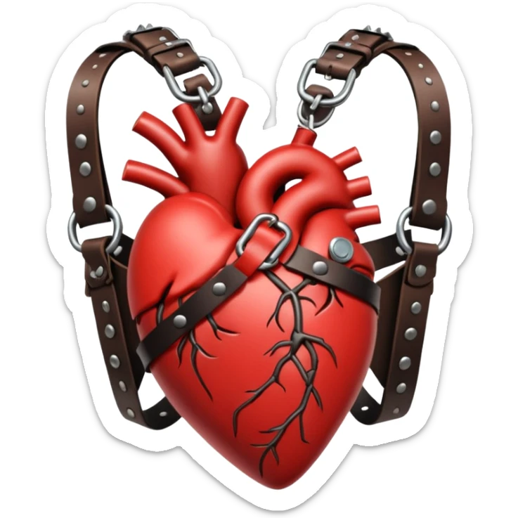 Human heart wrapped in tight leather straps, metal buckles, fetish gothic aesthetic sticker