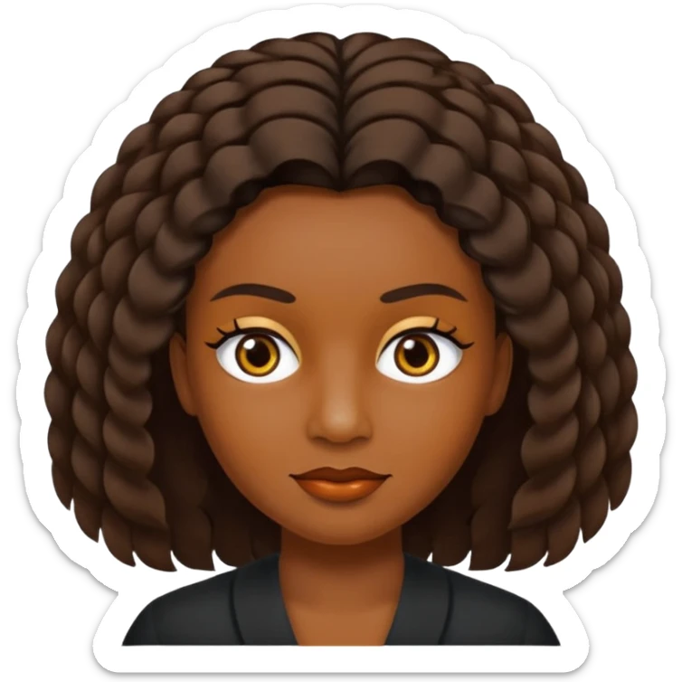 Crie um emoji que tenha o cabelo castanho médio, de cumprimento no peito, que tenha uma franja no tamanho da sobrancelha, com os olhos escuros e que use uma regata preta sticker