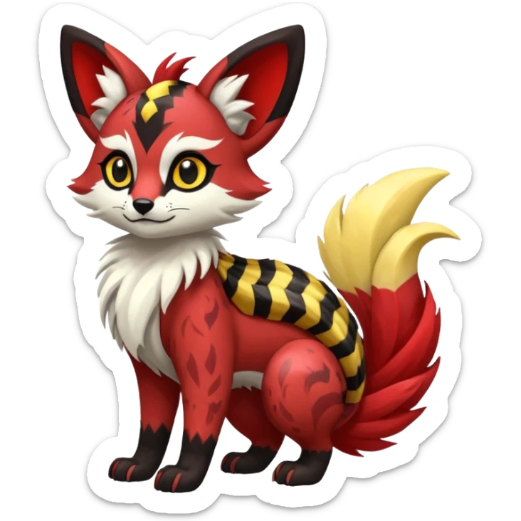 Futuristic sanguine-red banana-yellow black chevron-marked furry fluffy floofy feathery tribal marked Genet-Absol-Kyurem-Zeraora-Primagen-fusion-creature  sticker