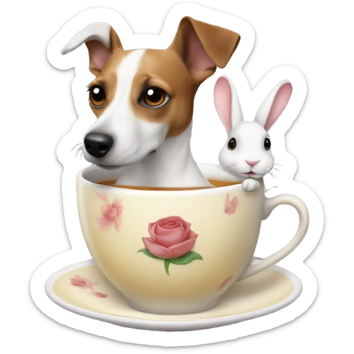 A jack russel dog having a cup of tea with the face of Elizabeth 2 and a rabbit in his back sticker