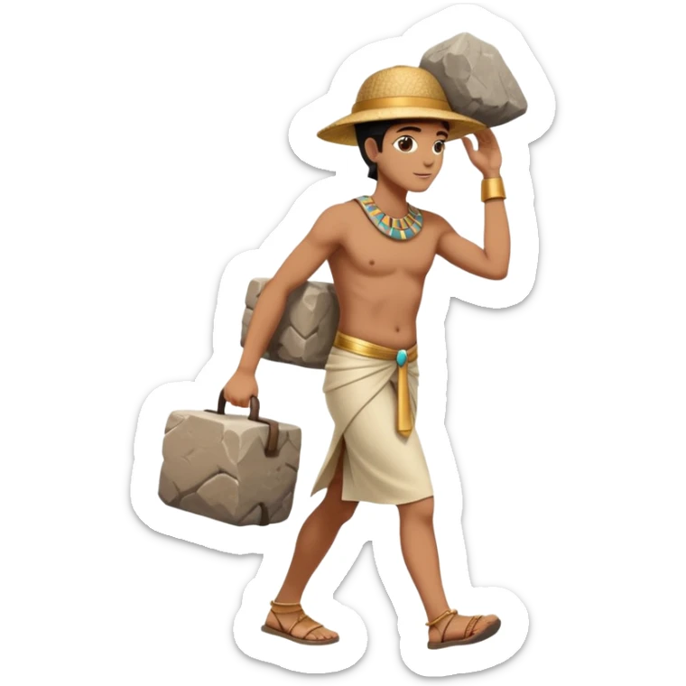 fullbody ancient Egyptian worker carrying a rock block on their back, no fancy hat, walking sticker