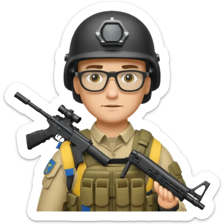 Ukrainian intelligance agency warrior man in platecarrier with nato riffle in helmet and glasses sticker