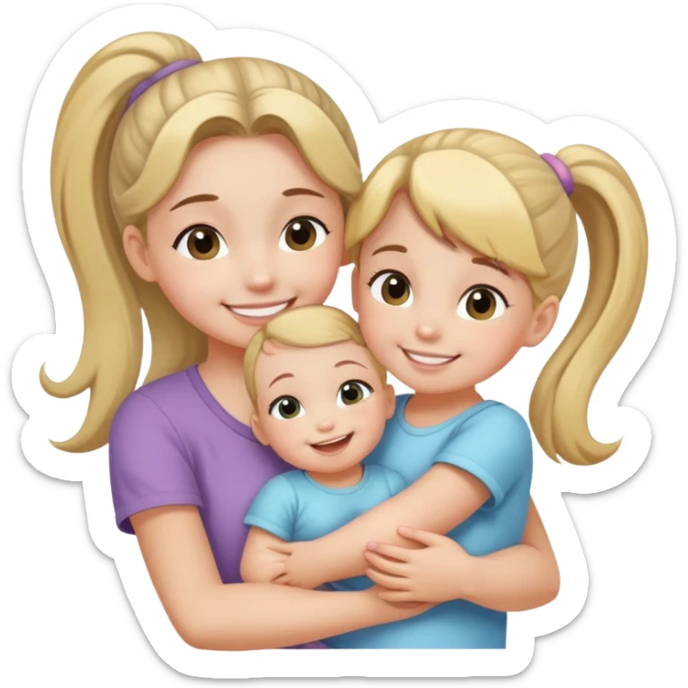 Teenage girl with ponytail embracing a baby and her little sister, loving family sticker