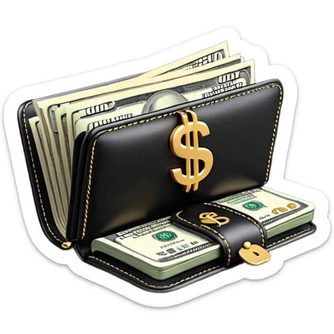 Rich emoji style black leather wallet with dollar bills, luxury money vibe, premium 3D emoji, ultra clean, high detail, no background
 sticker
