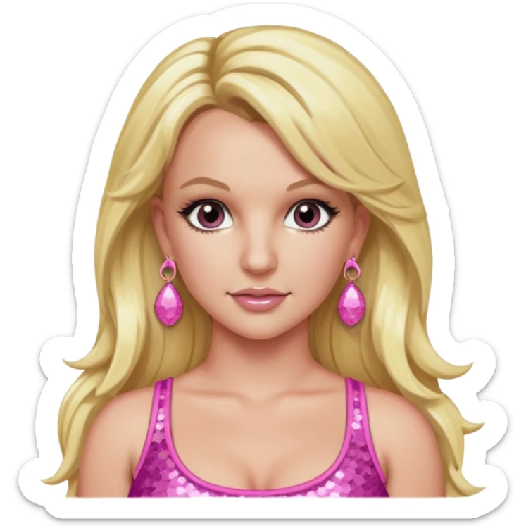 Britney Spears with long blonde hair, pink sequin crop top, pink earring sticker