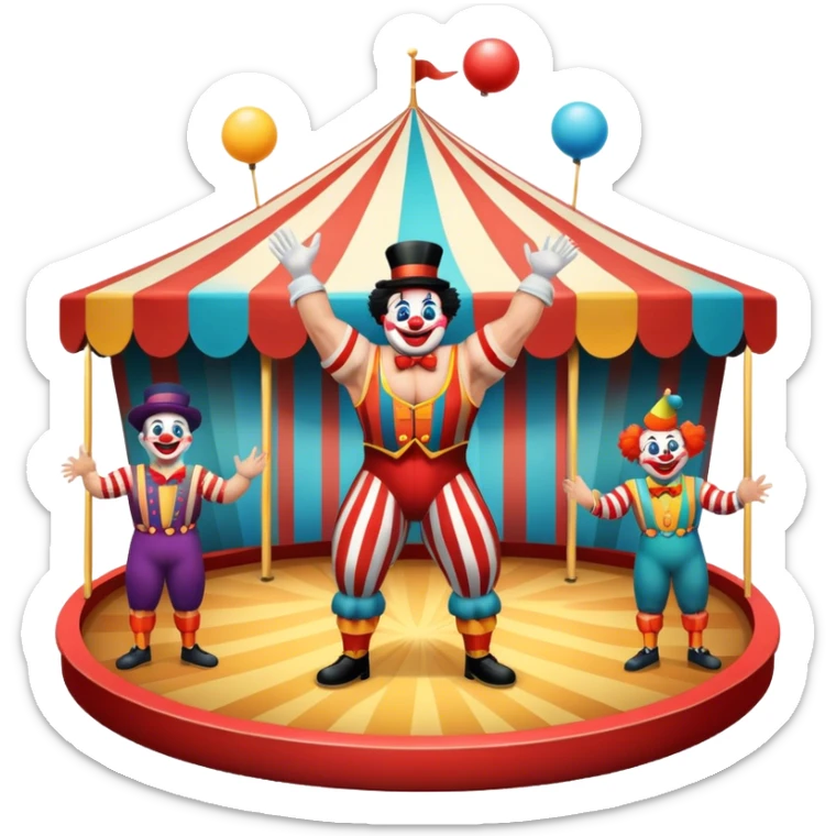 Icon for Circus Arts: a grand vibrant round circus arena with a strongman in a striped costume,  juggler and a clown performing. The icon should convey the excitement and fun of circus performances, with focus on the performers and the colorful setting. Transparent background. sticker