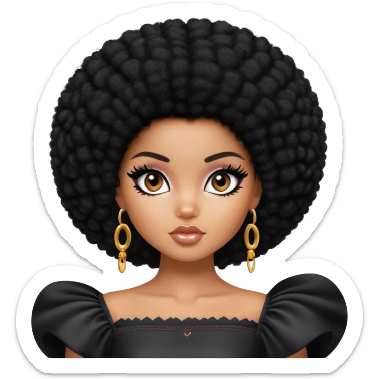 pretty bratz girl, dark black big afro, dark brown eyes, y2k fashion, black eyeliner, deep brown skin sticker