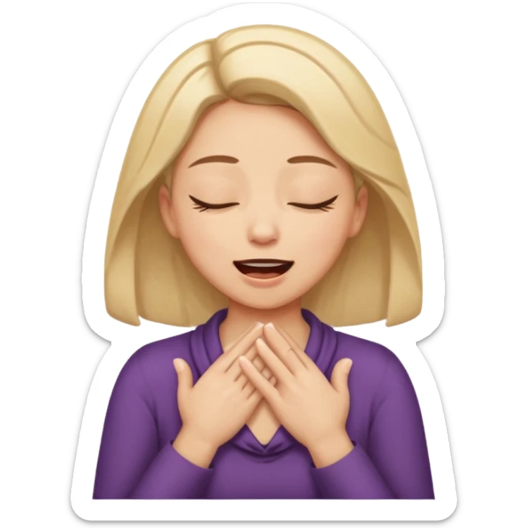 eyes closed and mouth wide open and hands cupped around her neck - her eyes are squinty with excitment sticker