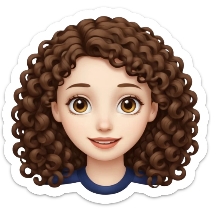 Light brown eyed female with pale skin. She has big eyes, curly and long dark brown hair and thin lips smiling. sticker
