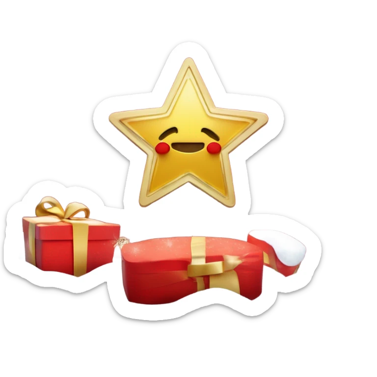 Un emoji navideño con un fondo rojo, que incluya un pequeño pino decorado con luces, una estrella dorada en la punta, y un letrero que diga '20% OFF' con letras blancas, rodeado de brillo festivo y copos de nieve sticker