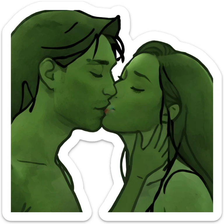 pretty girl with long black hair kissing guy with brown hair sticker