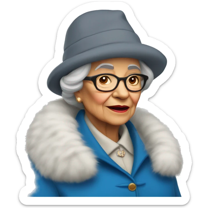 My beloved grandmother in a blue hat and a gray coat and I in a red hat and a white fur coat sticker