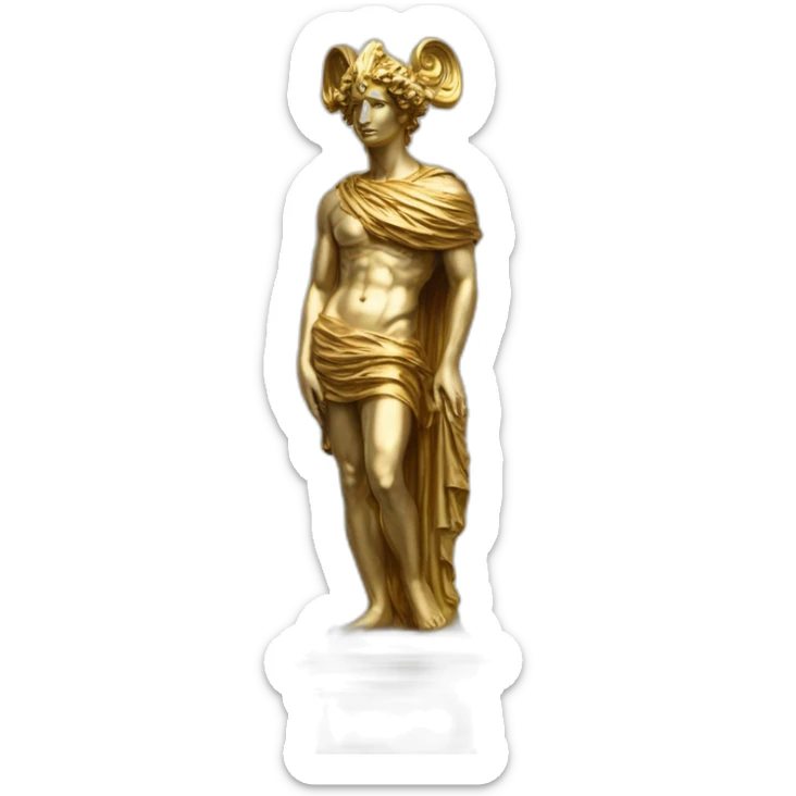 distant view of full length abstract renaissance statue of colorful figure with mask on gold glittering greek style plinth, 4K resolution sticker