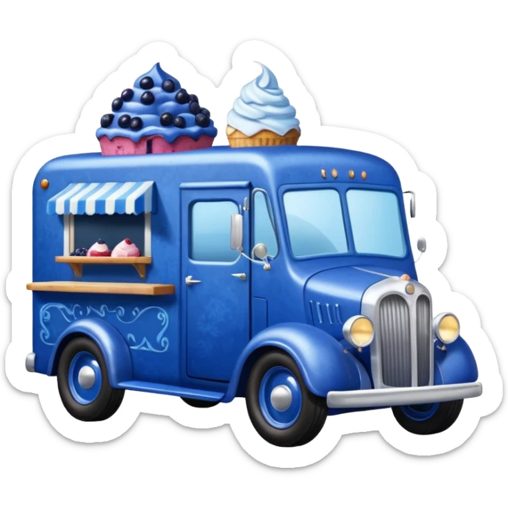 shiny-dark-blue crystal-bodied frozen blueberry muffin, pie, and ice cream, antique hot rod long-wheelbase durable-looking food truck  sticker