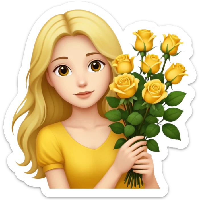 Beautiful girl with long hair holding a bouquet of yellow roses sticker