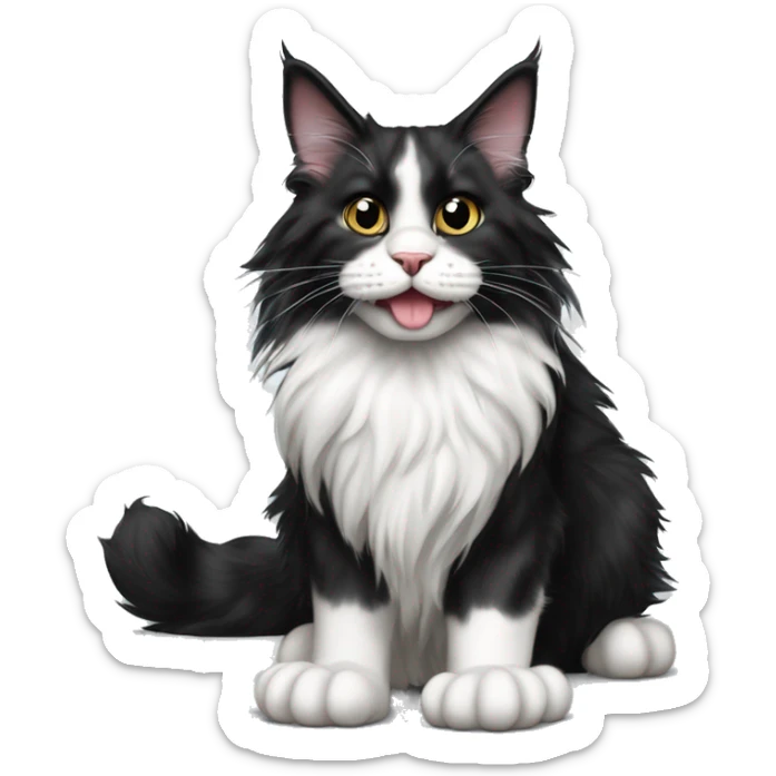black and white maine coon cat with tongue hanging out and bulging eyes and paws standing on the floor sticker