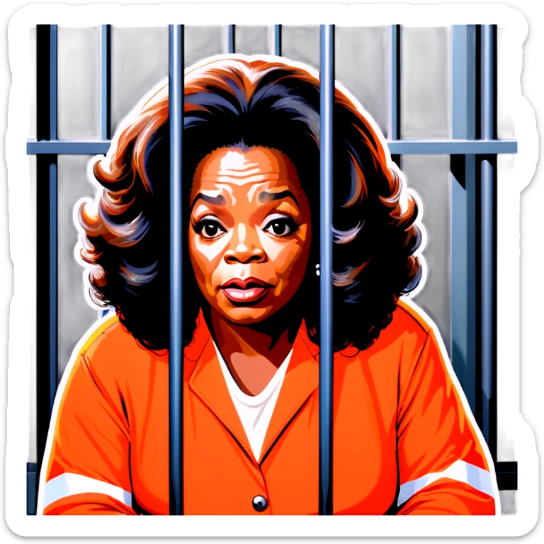 Oprah Winfrey in jail wearing an orange jumpsuit behind bars make her look sad sticker
