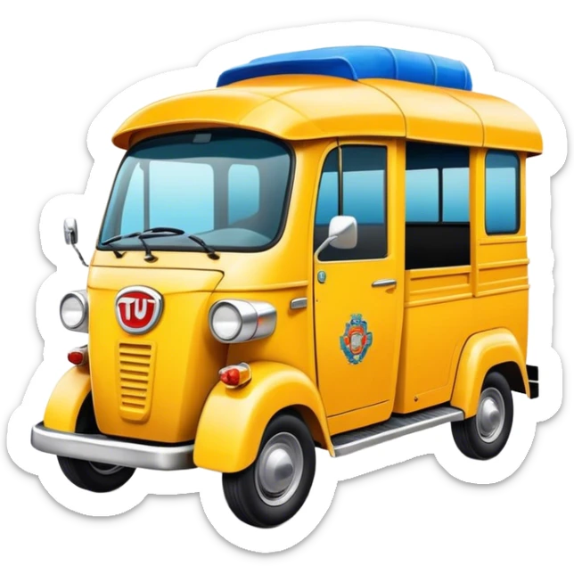 Cinematic Realistic Tuk Tuk Pop Culture Emoji, featuring a vibrant portrayal of the iconic Thai tuk tuk rendered with dynamic textures and lively, urban lighting. sticker