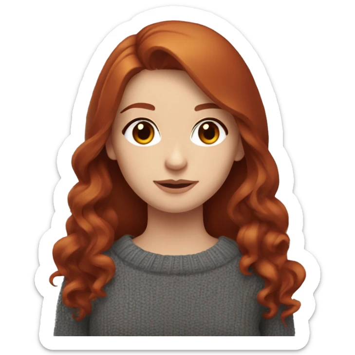 redhead girl with grey eyes with long hair and Dyson styling in a burgundy sweater and a rat on her shoulder sticker