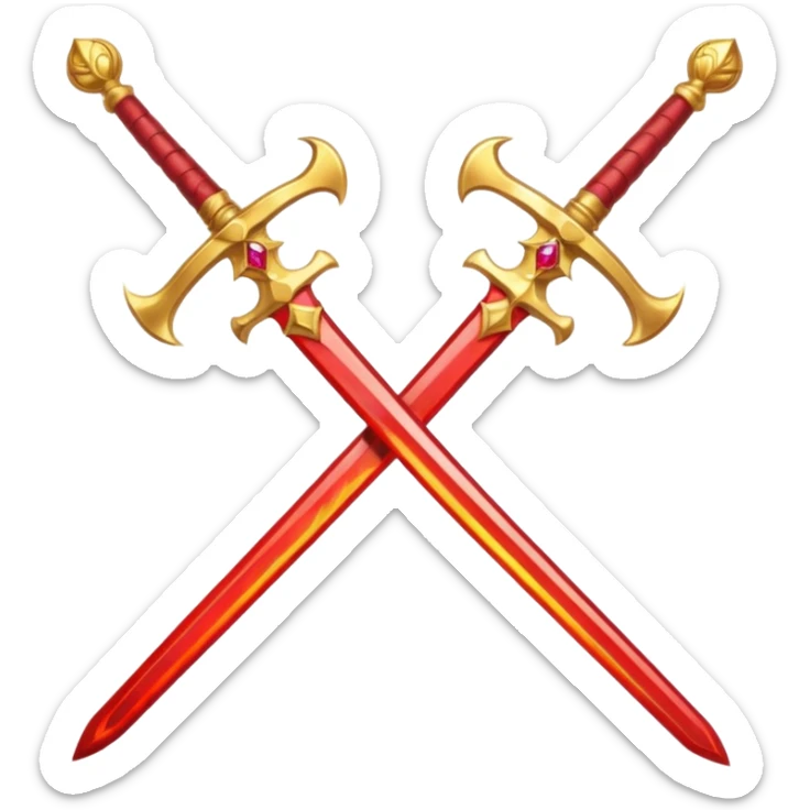 Two crossed swords that are golden in blade and handle and have fiery and royal appearence to them as well as red gem stones sticker