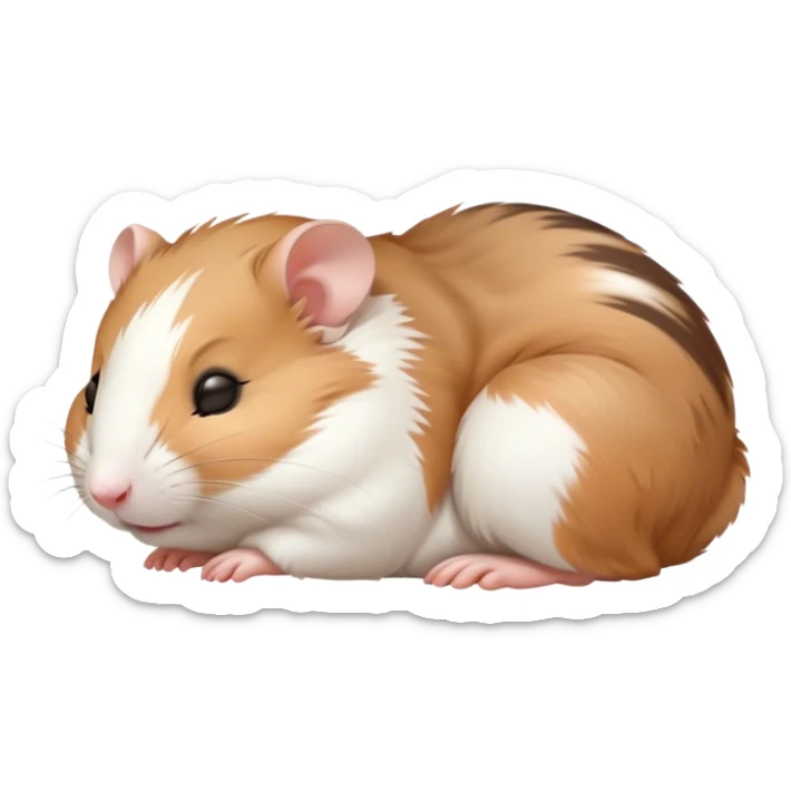 Meme-Worthy Cute Sleeping Brown and White Banded Hamster Portrait Emoji, Head resting peacefully with a contented smile, showcasing a delightfully compact build and a luxuriously soft banded fur of brown and white, eyes shut in a serene nap, Simplified yet hilariously adorable features, highly detailed, glowing with a soft, drowsy light, high shine, relaxed and utterly lovable, stylized with an air of playful laziness, bright and heartwarming, soft glowing outline, capturing the essence of a comically sleepy hamster, so meme-worthy it feels like it could instantly become the next viral sensation of adorable slumber! sticker