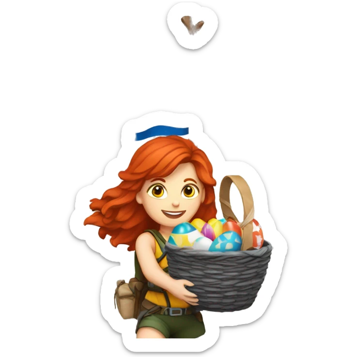 Female mountaineer red hair climbing with the real Greek flag and holding Easter eggs basket sticker