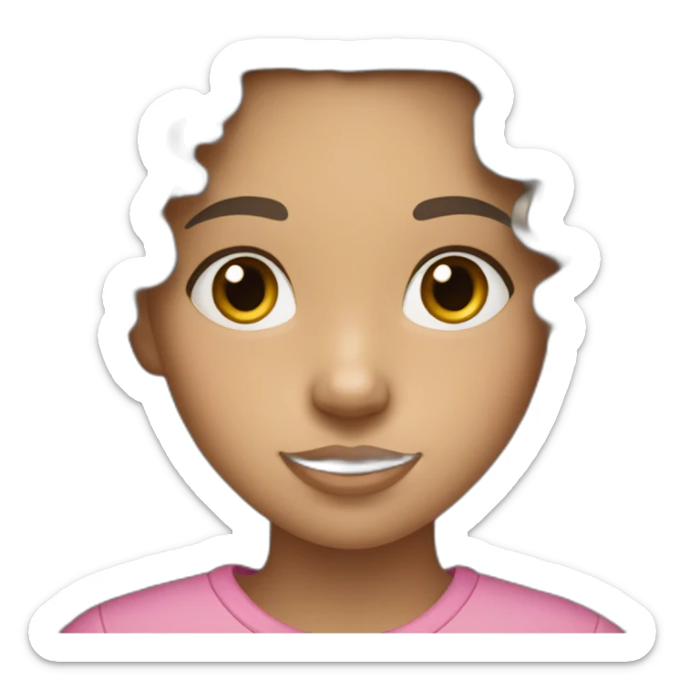 A 12 years old White girl with long curly brown hair a little nose and a Pink mouth wearing a Grey shirt sticker