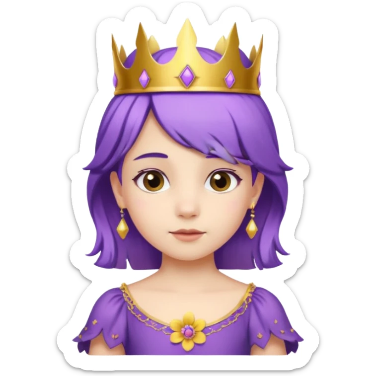 Princesses kid girl, with Gold Crown and flower on purple hair, with white dress sticker