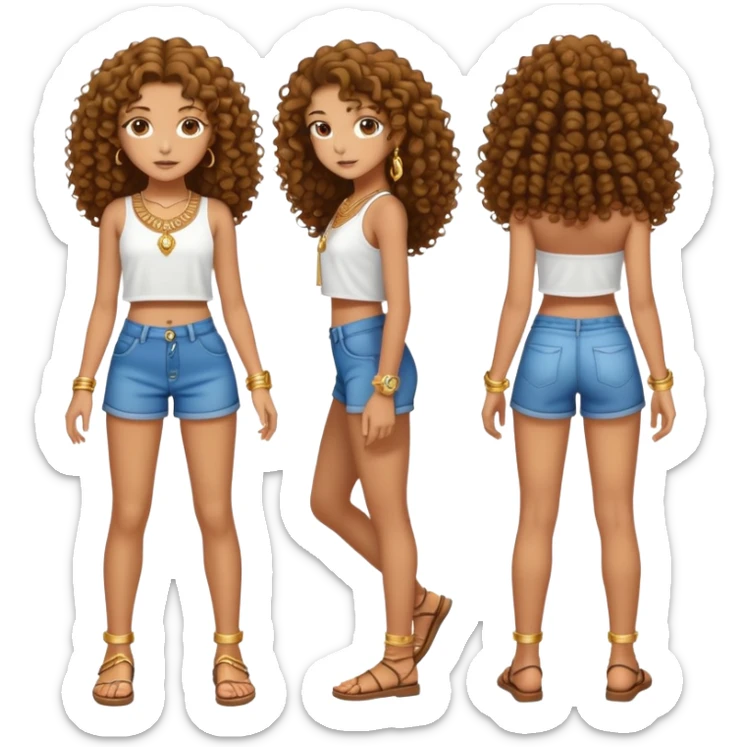 Full body teenage girl with curly brown hair, choni style with gold jewelry sticker