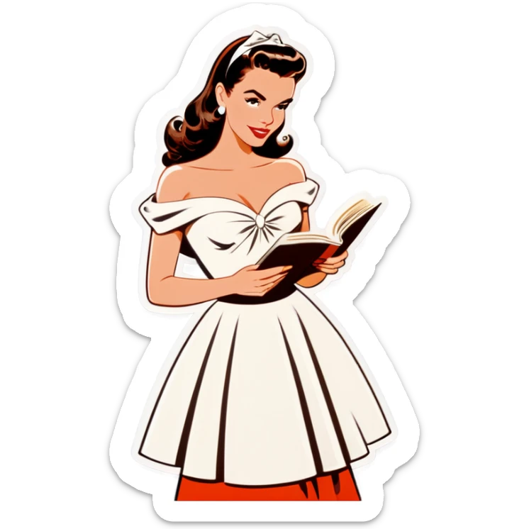 Beautiful woman in 1950’s woman fashion look, off-shoulder white dress, long dark brown hair, reading  sticker