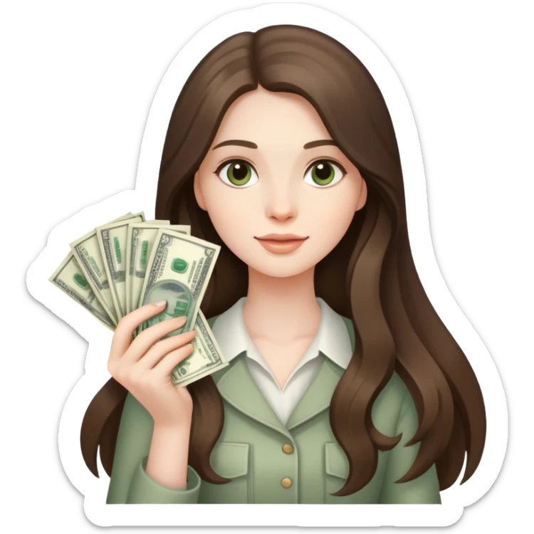 beautiful pale brunette girl with long hair holding a bunxh of money sticker