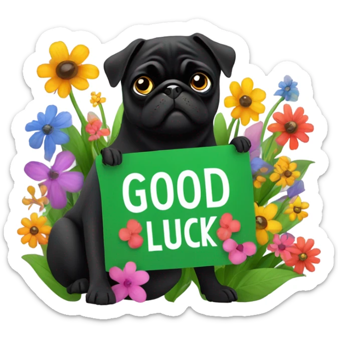 Black pug , surrounded by flowers, holding a green sign that says “good luck”  sticker