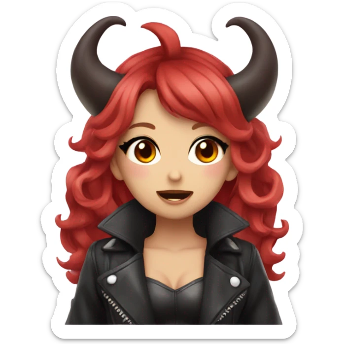 demon hime gyaru girl, red hair, demon horns, leather coat sticker