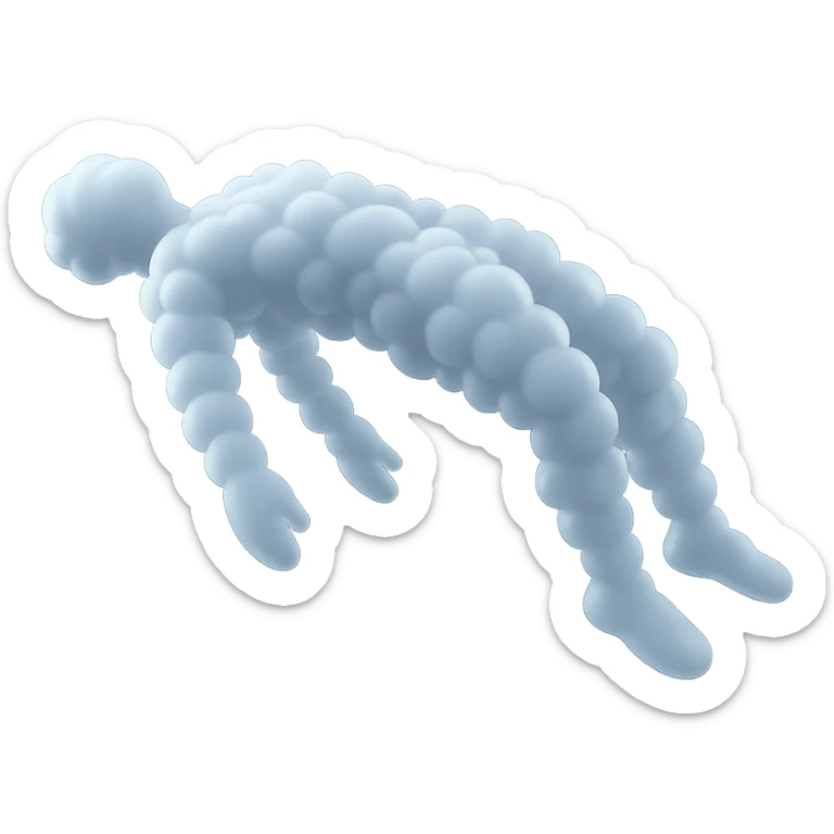 unconscious person flying upwards by torso, legs and arms down, made of small very bright white fluffy convex clouds, matte glass style sticker