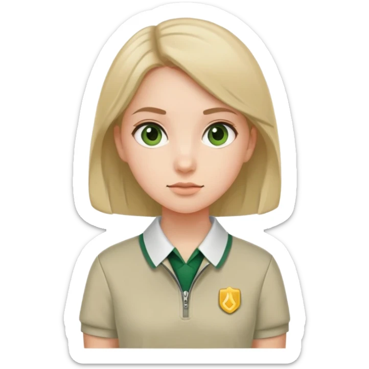 girl in a school uniform wearing a green polo, beige skirt, grey zipper jacket sticker