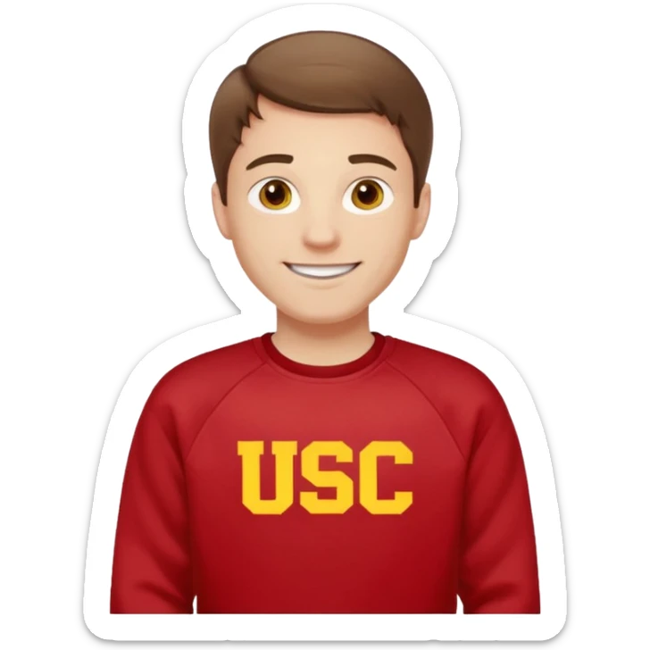 happy pale white man with brown hair in a red sweatshirt with USC in yellow letters sticker
