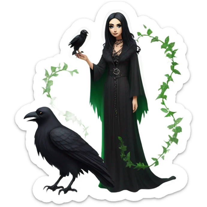 the morrigan goth woman version vines style furr robe stylish boots, perfect eyes, raven on hand, green vines decor on ground sticker