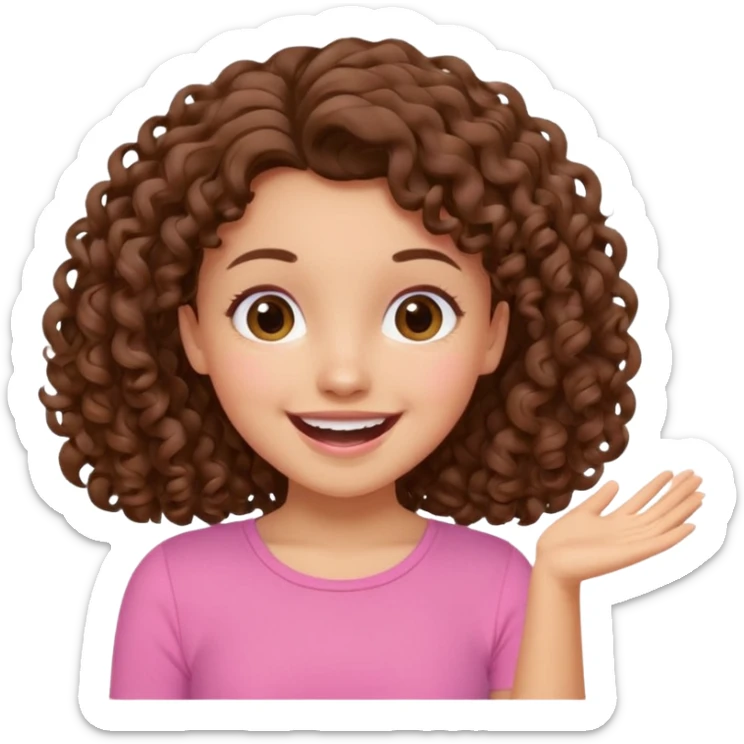 fun cute loud popular pretty girl modest curly brown hair pink top excited sticker