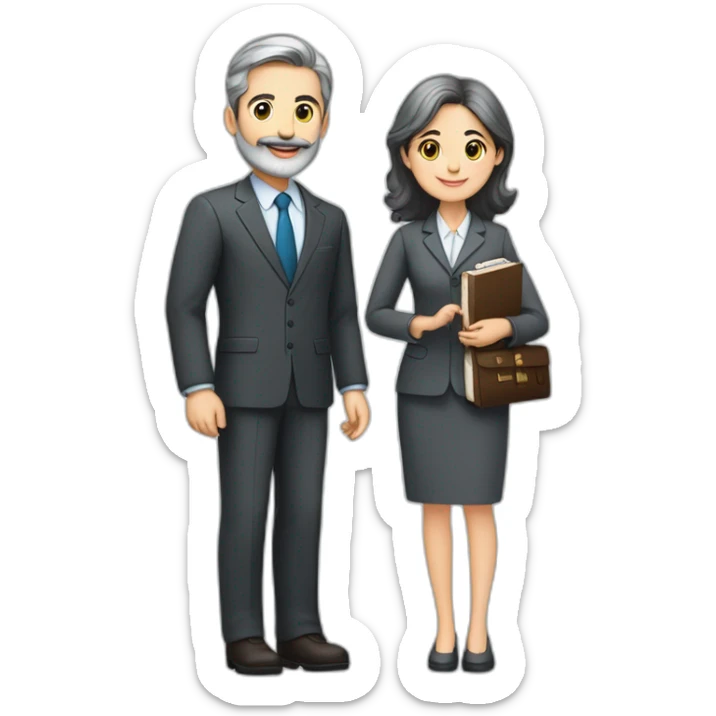 husband classy caucasian 55 dark gray hair trimmed beard wearing business suit and holding bible, with wife asian age 55 dark hair nurse uniform, no children sticker