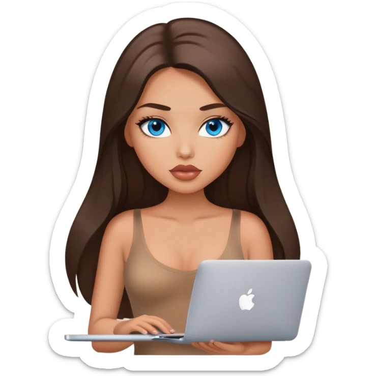 Glamours tanned very beautiful girl with big pump peach lips and dark chocolate straight smooth silky long hair, blue eyes in brown/beige bodysuit with MacBook sticker