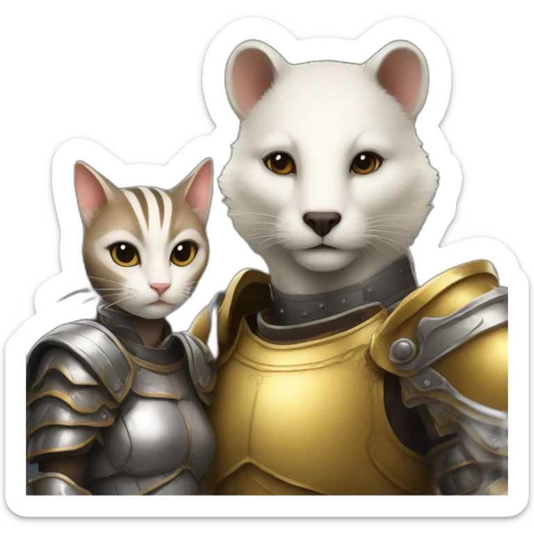 a badger with a lether armour beside a white female cat with a golden armour sticker