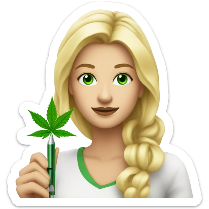 Pretty Blonde woman with green eyes holding a green weed pen  sticker