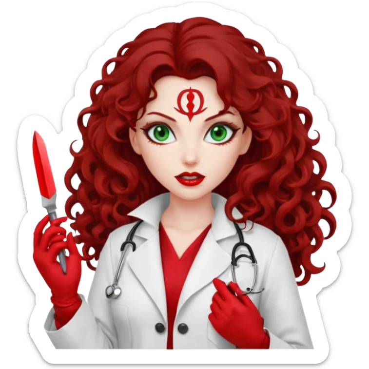Lilith symbol sexy evil woman. She has green eyes.  had brown long curly hair.  evil surgeon kills with scalpel wears red sexy doctor coat with red mouth cover red gloves sticker