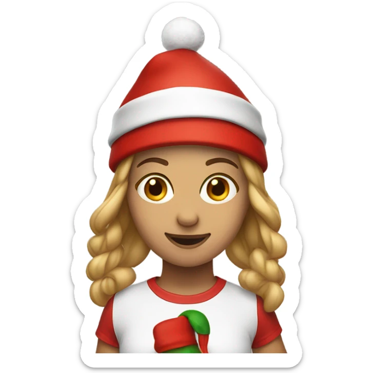 Emoji of a sporty girl in a top and leggings with a red Christmas hat. sticker