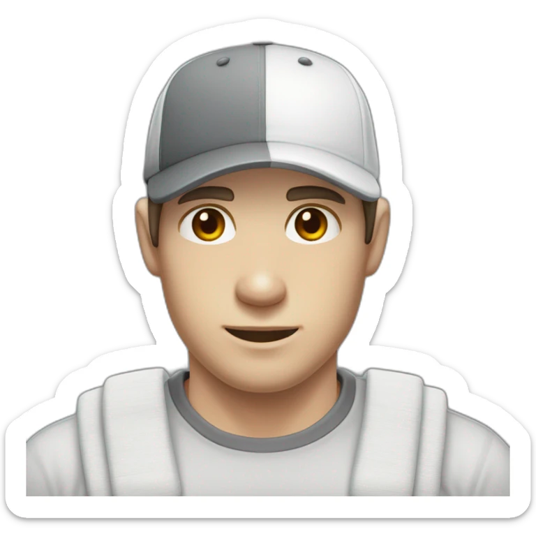 Pale skinned fit Man with dark brown hair in a white cap, gray jeans and gray polo T-shirt keeping a pasted with tape white box into his hands sticker