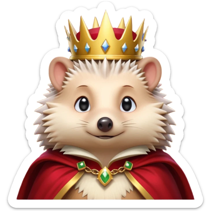 king hedgehog portrait, head and shoulders only, wearing a small golden crown, royal cape collar, proud confident expression, cute spiky fur details, fantasy royal vibe, 3D cartoon, mobile game icon style, clean background, no text, no watermark
 sticker