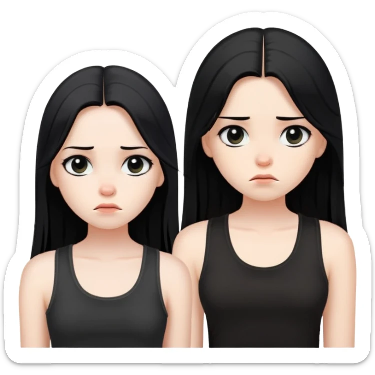 girl with long straight black hair, pale skin, dark eyes, black tank top, bored expression sticker